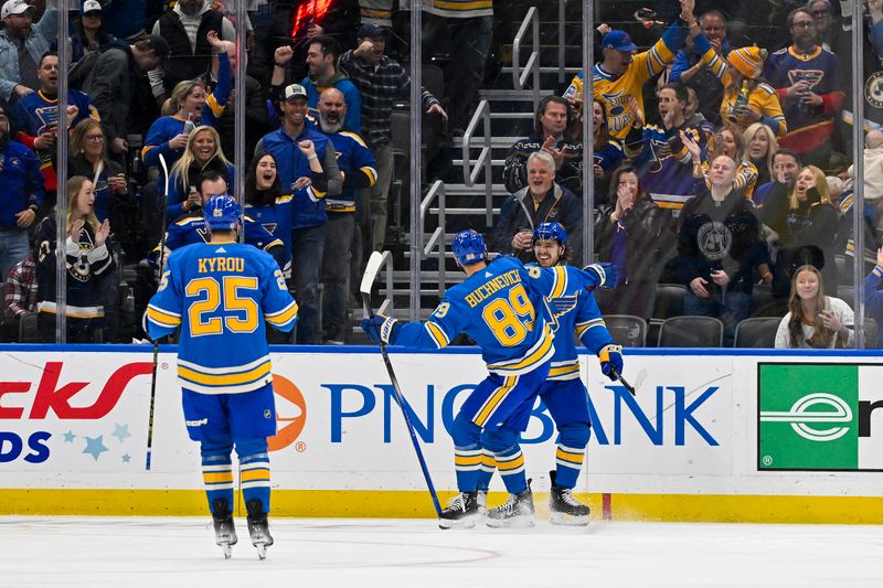 Dec 23, 2023; St. Louis, Missouri, USA;  St. Louis Blues center Robert Thomas (18) is congratulated by left wing Pavel Buchnevich (89) after scoring against the Chicago Blackhawks during the first period at Enterprise Center. Mandatory Credit: Jeff Curry-USA TODAY Sports