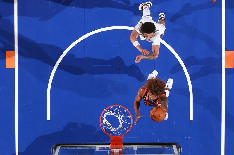 NEW YORK, NY - NOVEMBER 8: Miles McBride #2 of the New York Knicks drives to the basket during the game against the Milwaukee Bucks on November 8, 2024 at Madison Square Garden in New York City, New York.  NOTE TO USER: User expressly acknowledges and agrees that, by downloading and or using this photograph, User is consenting to the terms and conditions of the Getty Images License Agreement. Mandatory Copyright Notice: Copyright 2024 NBAE  (Photo by Nathaniel S. Butler/NBAE via Getty Images)