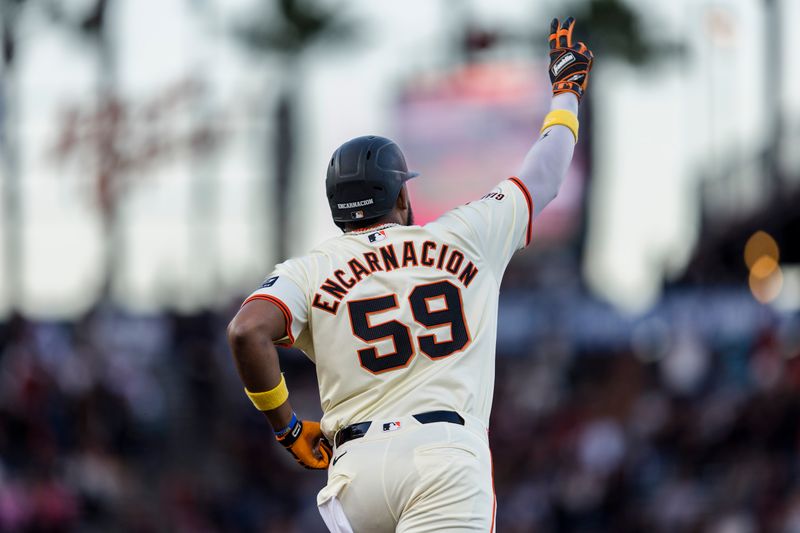 Sep 11, 2024; San Francisco, California, USA; San Francisco Giants designated hitter Jerar Encarnacion (59) gestures as he runs the bases after hitting a two-run home run against the Milwaukee Brewers during the first inning at Oracle Park. Mandatory Credit: John Hefti-Imagn Images