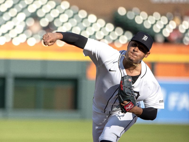 Jul 8, 2024; Detroit, Michigan, USA; Detroit Tigers starting pitcher Keider Montero (54) delivers in the first inning against the Cleveland Guardians at Comerica Park. Mandatory Credit: David Reginek-USA TODAY Sports