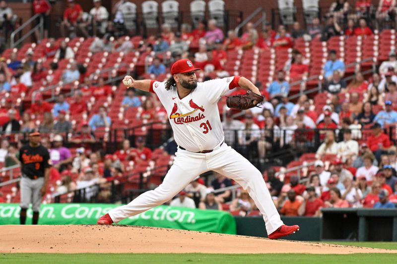 May 21, 2024; St. Louis, Missouri, USA; St. Louis Cardinals pitcher Lance Lynn (31) pitches against the Baltimore Orioles during the first inning at Busch Stadium. Mandatory Credit: Jeff Le-USA TODAY Sports