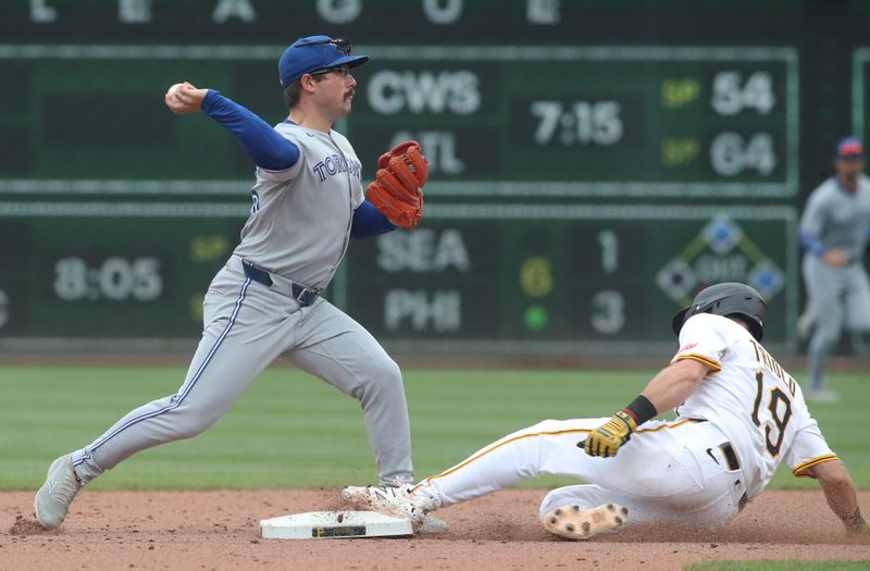 Aug 20, 2025; Pittsburgh, Pennsylvania, USA;  Toronto Blue Jays second baseman Davis Schneider (36) throws to first base to complete a double play over Pittsburgh Pirates shortstop Jared Triolo (19) during the eighth inning at PNC Park. Mandatory Credit: Charles LeClaire-Imagn Images