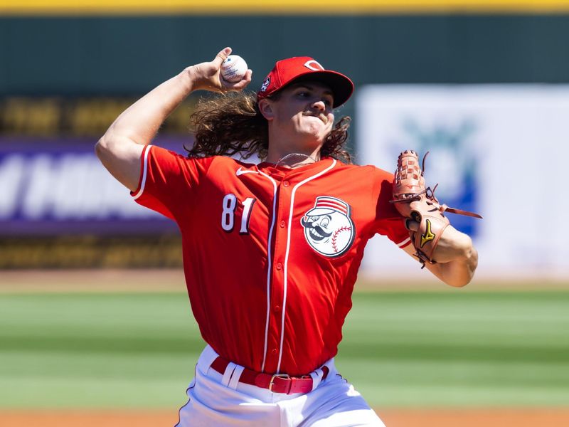 Mar 20, 2024; Goodyear, Arizona, USA; Cincinnati Reds pitcher Rhett Lowder against the Texas Rangers during a spring training baseball game at Goodyear Ballpark. Mandatory Credit: Mark J. Rebilas-USA TODAY Sports