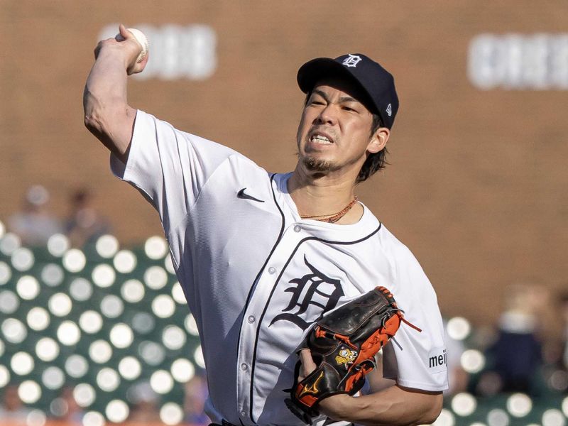 Jun 11, 2024; Detroit, Michigan, USA; Detroit Tigers starting pitcher Kenta Maeda (18) warms up before before the game against the Washington Nationals at Comerica Park. Mandatory Credit: David Reginek-USA TODAY Sports