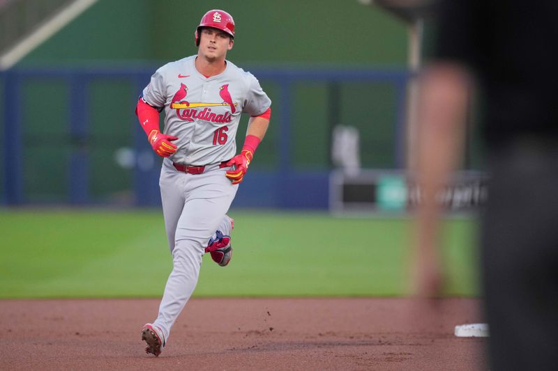 Mar 8, 2024; West Palm Beach, Florida, USA; St. Louis Cardinals second baseman Nolan Gorman (16) rounds second base in the first inning after hitting a two-run home run in the first inning against the Washington Nationals at CACTI Park of the Palm Beaches. Mandatory Credit: Jim Rassol-USA TODAY Sports