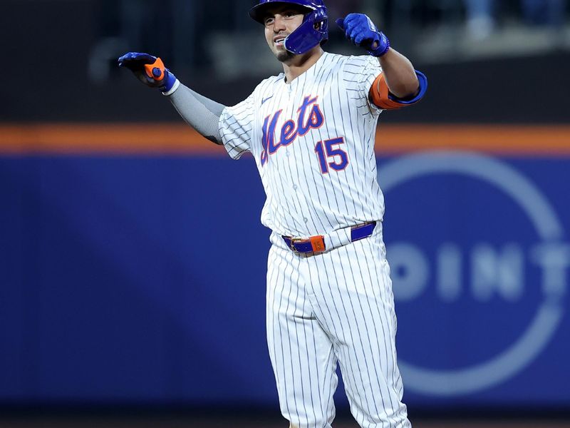 Jun 12, 2024; New York City, New York, USA; New York Mets right fielder Tyrone Taylor (15) reacts after hitting a double against the Miami Marlins during the fifth inning at Citi Field. Mandatory Credit: Brad Penner-USA TODAY Sports