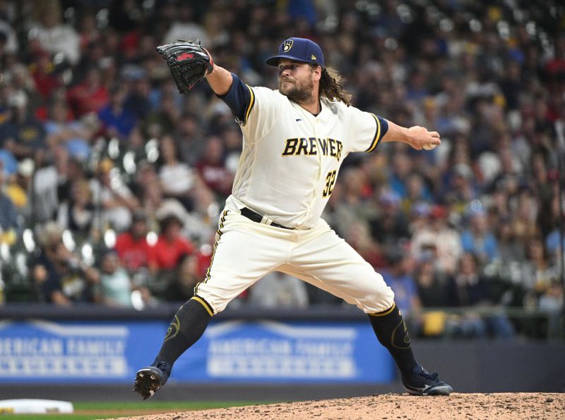 Sep 26, 2023; Milwaukee, Wisconsin, USA; Milwaukee Brewers relief pitcher Andrew Chafin (32) delivers a pitch against the St. Louis Cardinals in the eighth inning at American Family Field. Mandatory Credit: Michael McLoone-USA TODAY Sports