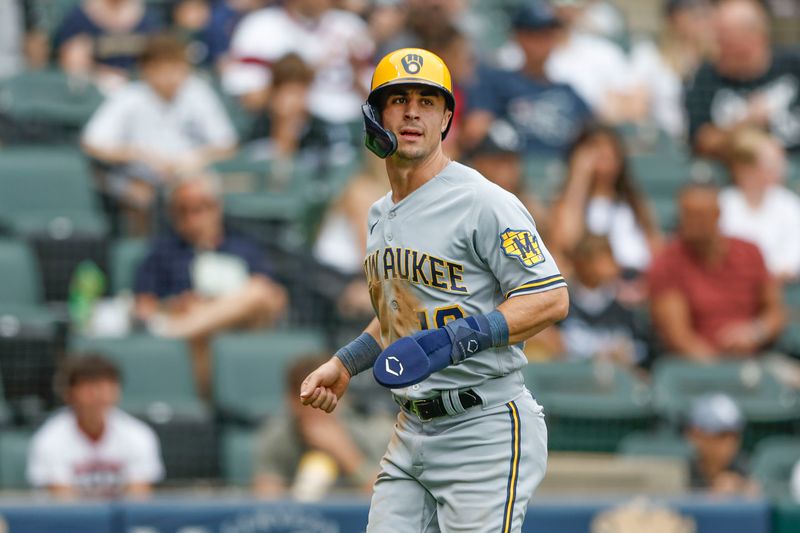 Aug 13, 2023; Chicago, Illinois, USA; Milwaukee Brewers outfielder Sal Frelick (10) reacts after scoring against the Chicago White Sox during the second inning at Guaranteed Rate Field. Mandatory Credit: Kamil Krzaczynski-USA TODAY Sports