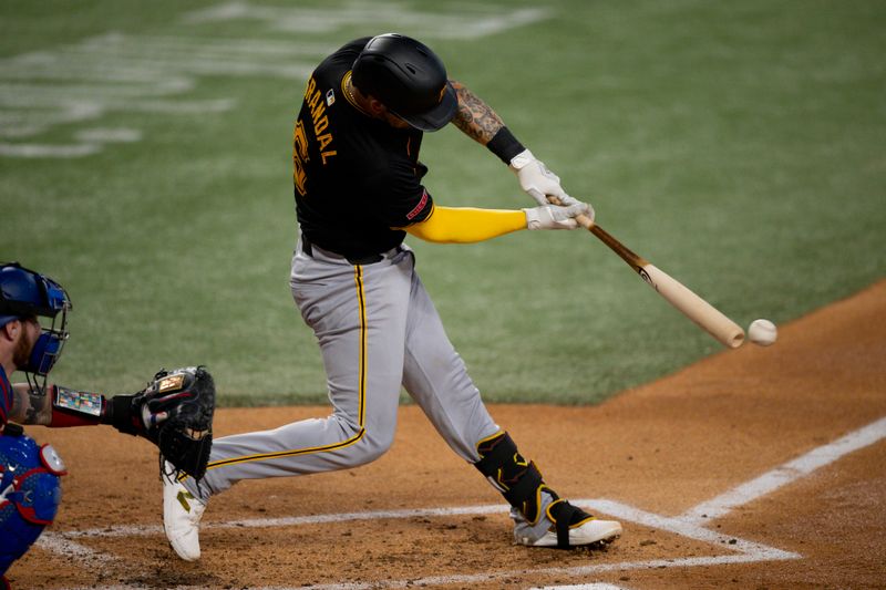 Aug 21, 2024; Arlington, Texas, USA; Pittsburgh Pirates catcher Yasmani Grandal (6) bats against the Texas Rangers during the second inning at Globe Life Field. Mandatory Credit: Jerome Miron-USA TODAY Sports