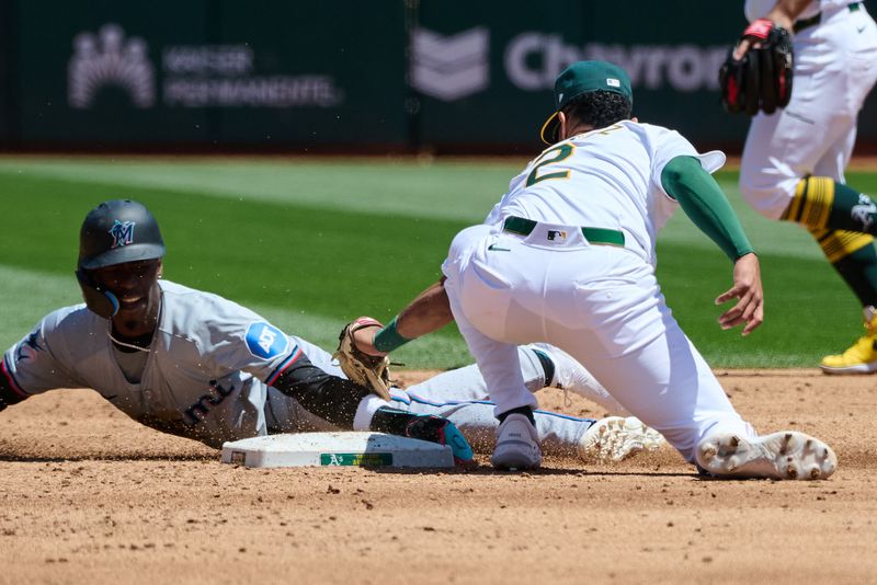 May 5, 2024; Oakland, California, USA; Oakland Athletics infielder Darell Hernaiz (2) tags out Miami Marlins outfielder Nick Gordon (1) at second base on a stolen base attempt during the third inning at Oakland-Alameda County Coliseum. Mandatory Credit: Robert Edwards-USA TODAY Sports