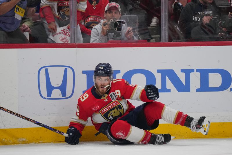 Jun 24, 2024; Sunrise, Florida, USA; forward Matthew Tkachuk (19) on the ice during the second period against the Edmonton Oilers in game seven of the 2024 Stanley Cup Final at Amerant Bank Arena. Mandatory Credit: Jim Rassol-USA TODAY Sports