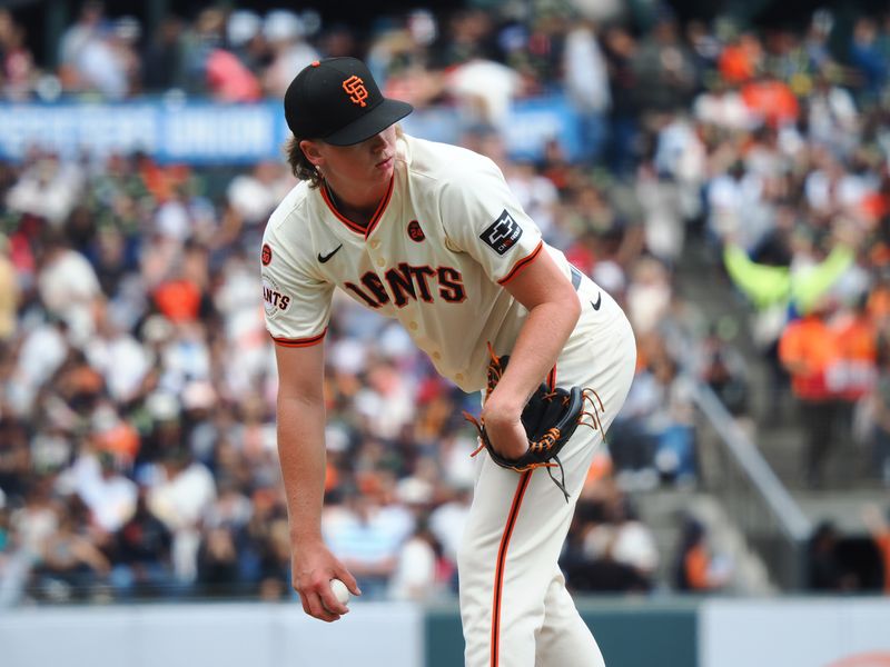 Aug 11, 2024; San Francisco, California, USA; San Francisco Giants starting pitcher Hayden Birdsong (60) looks over his shoulder at first base during the third inning against the Detroit Tigers at Oracle Park. Mandatory Credit: Kelley L Cox-USA TODAY Sports