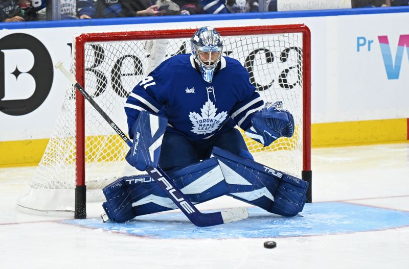 Oct 13, 2025; Toronto, Ontario, CAN; Toronto Maple Leafs goalie Anthony Stolarz (41) in warmups against the Detroit Red Wings at Scotiabank Arena. Mandatory Credit: Gerry Angus-Imagn Images