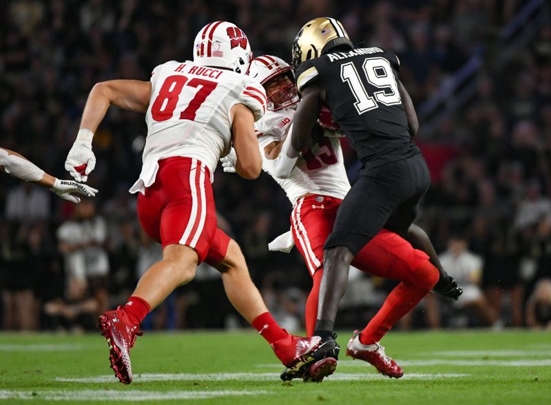 Sep 22, 2023; West Lafayette, Indiana, USA; Purdue Boilermakers defensive back Botros Alisandro (19) intercepts a pass intended for Wisconsin Badgers wide receiver Chimere Dike (13) during the second half at Ross-Ade Stadium. Mandatory Credit: Robert Goddin-USA TODAY Sports