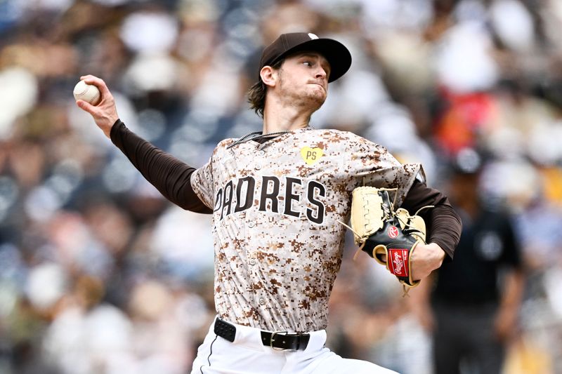 Jun 9, 2024; San Diego, California, USA; San Diego Padres starting pitcher Adam Mazur (36) pitches during the first inning against the Arizona Diamondbacks at Petco Park. Mandatory Credit: Denis Poroy-USA TODAY Sports at Petco Park.