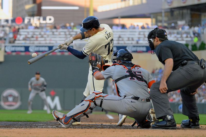 Jul 3, 2024; Minneapolis, Minnesota, USA; Minnesota Twins infielder Brooks Lee (72) registers his first big league hit on a single against the Detroit Tigers during the fourth inning at Target Field. Mandatory Credit: Nick Wosika-USA TODAY Sports