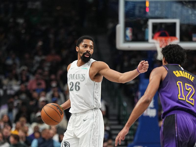 DALLAS, TX - DECEMBER 7: Spencer Dinwiddie #26 of the Dallas Mavericks dribbles the ball during the game against the Los Angeles Lakers on December 7, 2025 at American Airlines Center in Dallas, Texas. NOTE TO USER: User expressly acknowledges and agrees that, by downloading and or using this photograph, User is consenting to the terms and conditions of the Getty Images License Agreement. Mandatory Copyright Notice: Copyright 2025 NBAE (Photo by Glenn James/NBAE via Getty Images)