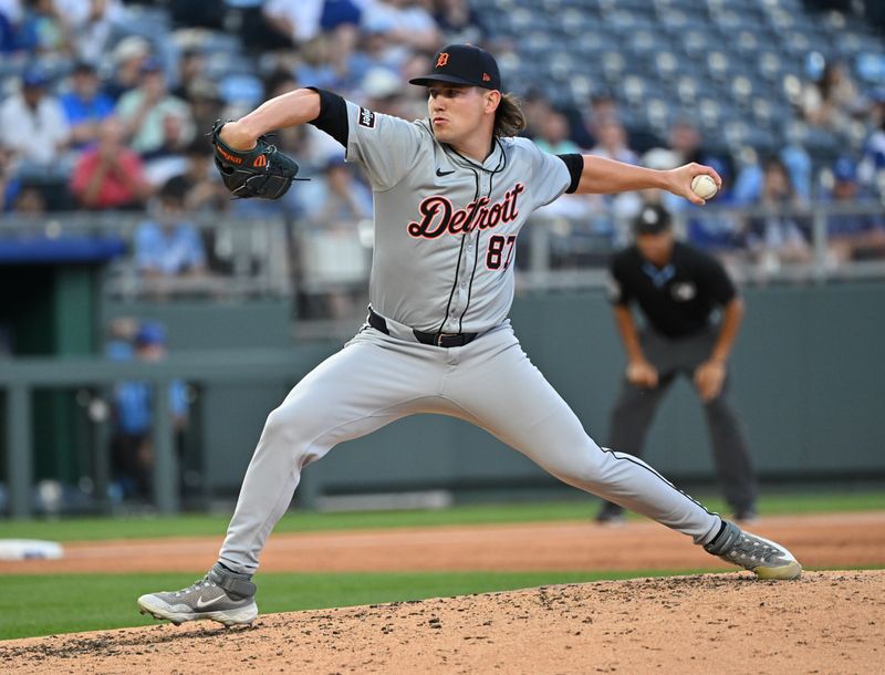 May 21, 2024; Kansas City, Missouri, USA;  Detroit Tigers relief pitcher Tyler Holton (87) delivers a pitch in the third inning against the Kansas City Royals at Kauffman Stadium. Mandatory Credit: Peter Aiken-USA TODAY Sports