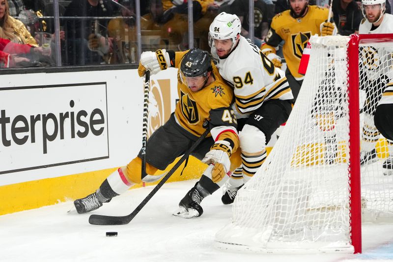 Jan 11, 2024; Las Vegas, Nevada, USA; Vegas Golden Knights center Paul Cotter (43) leans into Boston Bruins center Jakub Lauko (94) during the second period at T-Mobile Arena. Mandatory Credit: Stephen R. Sylvanie-USA TODAY Sports