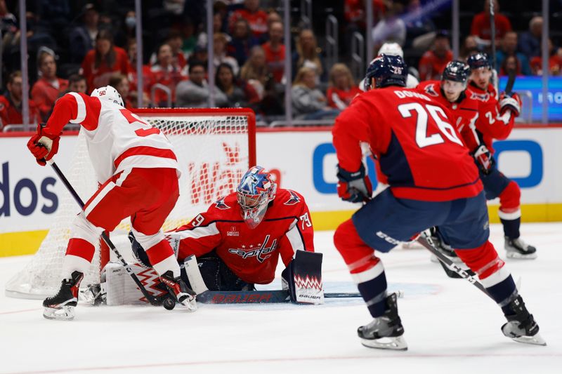 Sep 28, 2023; Washington, District of Columbia, USA; Washington Capitals goaltender Charlie Lindgren (79) makes a save on Detroit Red Wings forward Domink Shine (50) in the second period at Capital One Arena. Mandatory Credit: Geoff Burke-USA TODAY Sports