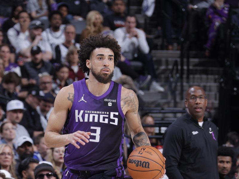 SACRAMENTO, CA - MARCH 26: Chris Duarte #3 of the Sacramento Kings dribbles the ball during the game against the Dallas Mavericks on March 26, 2024 at Golden 1 Center in Sacramento, California. NOTE TO USER: User expressly acknowledges and agrees that, by downloading and or using this Photograph, user is consenting to the terms and conditions of the Getty Images License Agreement. Mandatory Copyright Notice: Copyright 2024 NBAE (Photo by Rocky Widner/NBAE via Getty Images)