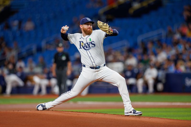 May 21, 2024; St. Petersburg, Florida, USA;  Tampa Bay Rays pitcher Zack Littell (52) throws a pitch against the Boston Red Sox in the first inning at Tropicana Field. Mandatory Credit: Nathan Ray Seebeck-USA TODAY Sports