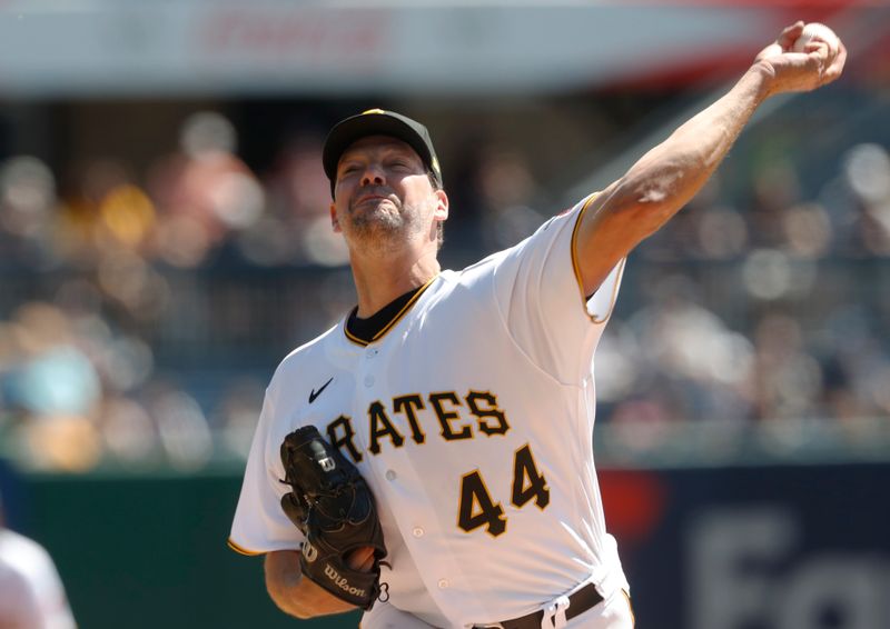 Apr 12, 2023; Pittsburgh, Pennsylvania, USA;  Pittsburgh Pirates starting pitcher Rich Hill (44) delivers a pitch against the Houston Astros during the first inning at PNC Park. Mandatory Credit: Charles LeClaire-USA TODAY Sports