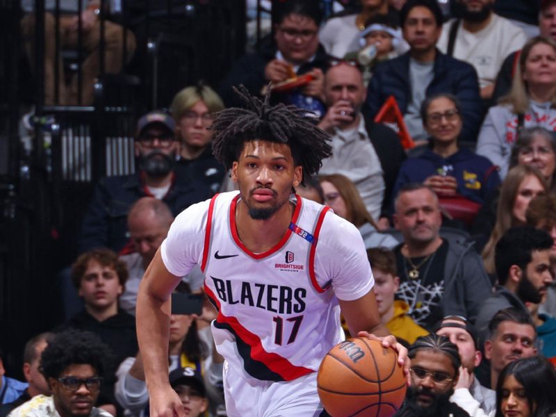 TORONTO, CANADA - APRIL 3:   Shaedon Sharpe #17 of the Portland Trail Blazers dribbles the ball during the game against the Toronto Raptors   on April 3, 2025 at the Scotiabank Arena in Toronto, Ontario, Canada.  NOTE TO USER: User expressly acknowledges and agrees that, by downloading and or using this Photograph, user is consenting to the terms and conditions of the Getty Images License Agreement.  Mandatory Copyright Notice: Copyright 2025 NBAE (Photo by Vaughn Ridley/NBAE via Getty Images)