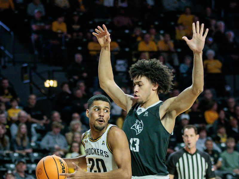 Mar 2, 2024; Wichita, Kansas, USA; Wichita State Shockers guard Harlond Beverly (20) drives around Rice Owls forward Andrew Akuchie (13) during the first half at Charles Koch Arena. Mandatory Credit: William Purnell-USA TODAY Sports