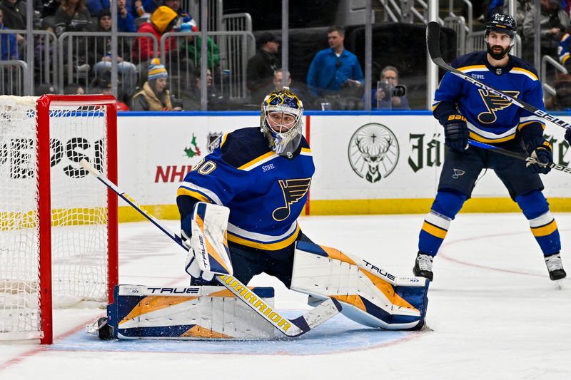 Dec 27, 2023; St. Louis, Missouri, USA;  St. Louis Blues goaltender Joel Hofer (30) defends the net against the Dallas Stars during the third period at Enterprise Center. Mandatory Credit: Jeff Curry-USA TODAY Sports