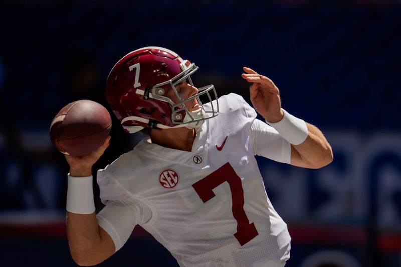 Sep 4, 2021; Atlanta, Georgia, USA; Alabama Crimson Tide quarterback Braxton Barker (7) warms up before the game against the Miami Hurricanes at Mercedes-Benz Stadium. Mandatory Credit: Dale Zanine-USA TODAY Sports