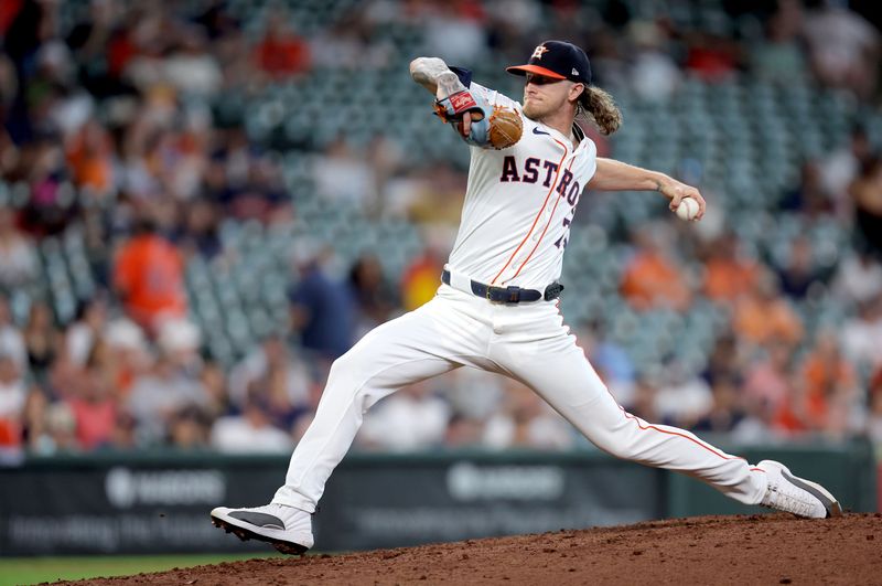 Sep 12, 2024; Houston, Texas, USA; Houston Astros relief pitcher Josh Hader (71) delivers a pitch against the Oakland Athletics during the ninth inning at Minute Maid Park. Mandatory Credit: Erik Williams-Imagn Images