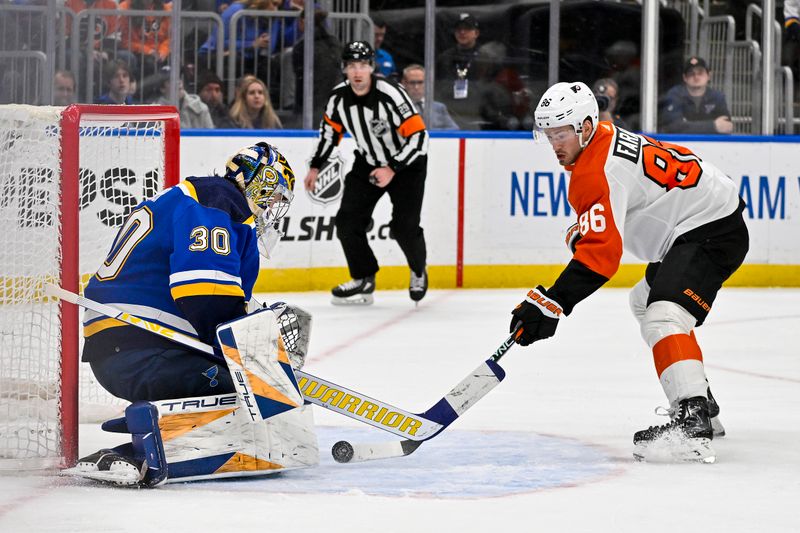 Jan 15, 2024; St. Louis, Missouri, USA;  Philadelphia Flyers left wing Joel Farabee (86) shoots against St. Louis Blues goaltender Joel Hofer (30) during the first period at Enterprise Center. Mandatory Credit: Jeff Curry-USA TODAY Sports