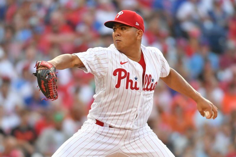 Jul 26, 2023; Philadelphia, Pennsylvania, USA; Philadelphia Phillies starting pitcher Ranger Suarez (55) throws a pitch against the Baltimore Orioles during the fourth inning at Citizens Bank Park. Mandatory Credit: Eric Hartline-USA TODAY Sports