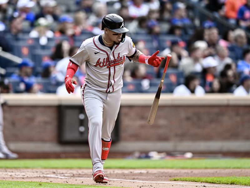 May 11, 2024; New York City, New York, USA; Atlanta Braves shortstop Orlando Arcia (11) reacts after hitting a two run home run against the New York Mets during the third inning at Citi Field. Mandatory Credit: John Jones-USA TODAY Sports