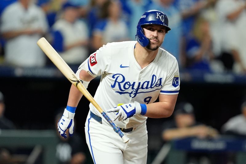 Oct 9, 2024; Kansas City, Missouri, USA; Kansas City Royals first base Vinnie Pasquantino (9) reacts after being callout out in the fifth inning against the New York Yankees during game three of the NLDS for the 2024 MLB Playoffs at Kauffman Stadium. Mandatory Credit: Jay Biggerstaff -Imagn Images