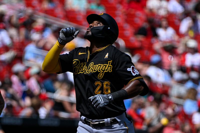 Sep 3, 2023; St. Louis, Missouri, USA;  Pittsburgh Pirates right fielder Miguel Andujar (26) reacts after hitting a solo home run against the St. Louis Cardinals during the second inning at Busch Stadium. Mandatory Credit: Jeff Curry-USA TODAY Sports