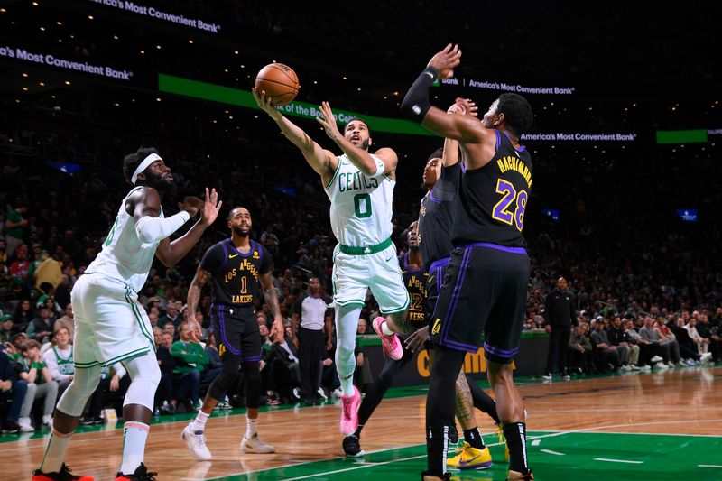 BOSTON, MA - FEBRUARY 1: Jayson Tatum #0 of the Boston Celtics drives to the basket during the game  against the Los Angeles Lakers on February 1, 2024 at the TD Garden in Boston, Massachusetts. NOTE TO USER: User expressly acknowledges and agrees that, by downloading and or using this photograph, User is consenting to the terms and conditions of the Getty Images License Agreement. Mandatory Copyright Notice: Copyright 2024 NBAE  (Photo by Brian Babineau/NBAE via Getty Images)