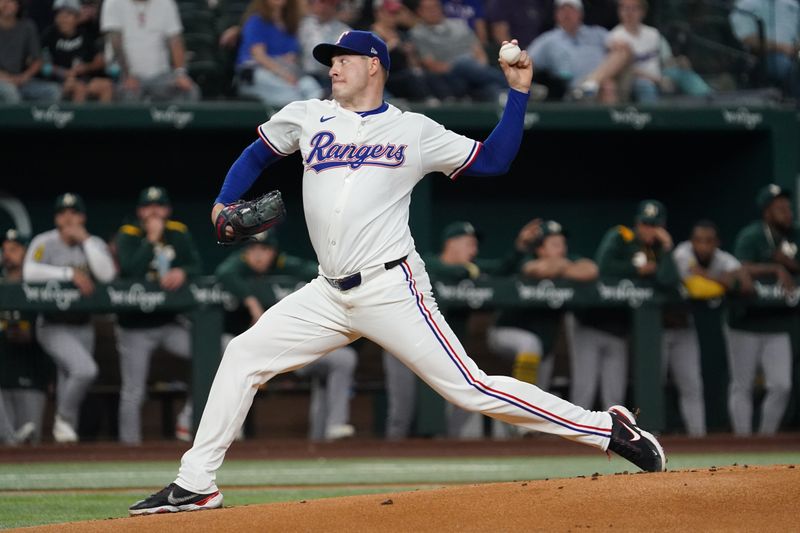 Apr 28, 2025; Arlington, Texas, USA; Texas Rangers starting pitcher Patrick Corbin (46) throws to the plate during the first inning against the Athletics at Globe Life Field. Mandatory Credit: Raymond Carlin III-Imagn Images