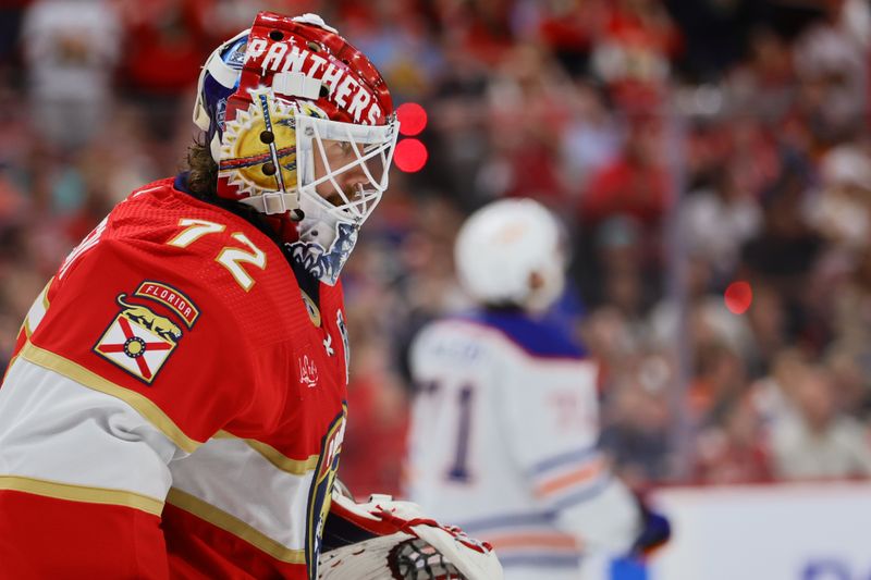 Jun 24, 2024; Sunrise, Florida, USA; Florida Panthers goaltender Sergei Bobrovsky (72) during a break in play during the third period against the Edmonton Oilers in game seven of the 2024 Stanley Cup Final at Amerant Bank Arena. Mandatory Credit: Sam Navarro-USA TODAY Sports