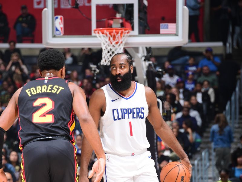 LOS ANGELES, CA - MARCH 17: James Harden #1 of the LA Clippers dribbles the ball during the game against the Atlanta Hawks on March 17, 2024 at Crypto.Com Arena in Los Angeles, California. NOTE TO USER: User expressly acknowledges and agrees that, by downloading and/or using this Photograph, user is consenting to the terms and conditions of the Getty Images License Agreement. Mandatory Copyright Notice: Copyright 2024 NBAE (Photo by Adam Pantozzi/NBAE via Getty Images)