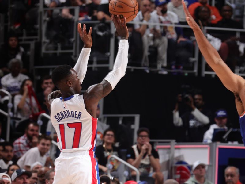 DETROIT, MI - APRIL 24:  Dennis Schroder #17 of the Detroit Pistons shoots the ball during the game against the New York Knicks during Round 1 Game 3 of the 2025 NBA Playoffs on April 24, 2025 at Little Caesars Arena in Detroit, Michigan. NOTE TO USER: User expressly acknowledges and agrees that, by downloading and/or using this photograph, User is consenting to the terms and conditions of the Getty Images License Agreement. Mandatory Copyright Notice: Copyright 2025 NBAE (Photo by Nathaniel S. Butler/NBAE via Getty Images)
