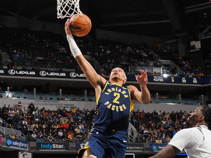 INDIANAPOLIS, IN - MARCH 24: Andrew Nembhard #2 of the Indiana Pacers drives to the basket during the game against the Minnesota Timberwolves on March 24, 2025 at Gainbridge Fieldhouse in Indianapolis, Indiana. NOTE TO USER: User expressly acknowledges and agrees that, by downloading and or using this Photograph, user is consenting to the terms and conditions of the Getty Images License Agreement. Mandatory Copyright Notice: Copyright 2025 NBAE(Photo by Ron Hoskins/NBAE via Getty Images)