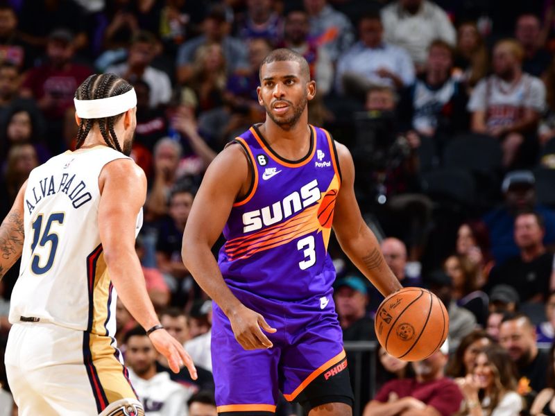 PHOENIX, AZ - OCTOBER 28: Chris Paul #3 of the Phoenix Suns dribbles the ball during the game against the New Orleans Pelicans on October 28, 2022 at Footprint Center in Phoenix, Arizona. NOTE TO USER: User expressly acknowledges and agrees that, by downloading and or using this photograph, user is consenting to the terms and conditions of the Getty Images License Agreement. Mandatory Copyright Notice: Copyright 2022 NBAE (Photo by Barry Gossage/NBAE via Getty Images)