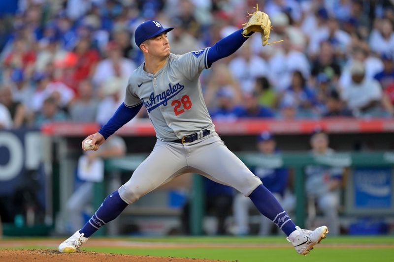 Sep 4, 2024; Anaheim, California, USA;  Los Angeles Dodgers starting pitcher Bobby Miller (28) delivers to the plate in the second inning against the Los Angeles Angels at Angel Stadium. Mandatory Credit: Jayne Kamin-Oncea-Imagn Images