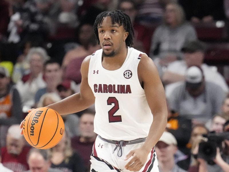 Jan 7, 2023; Columbia, South Carolina, USA; South Carolina Gamecocks guard Chico Carter Jr. (2) brings the ball up court against the Tennessee Volunteers during the first half at Colonial Life Arena. Mandatory Credit: Jim Dedmon-USA TODAY Sports