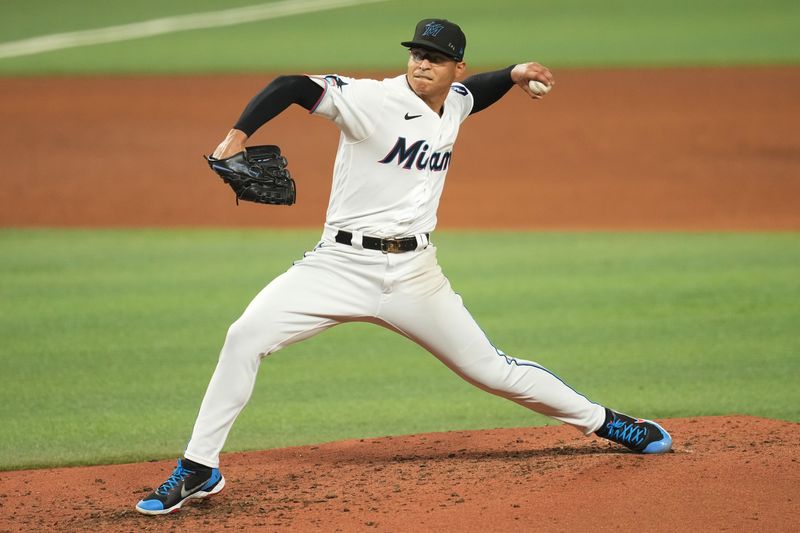 Aug 30, 2023; Miami, Florida, USA; Miami Marlins starting pitcher Jesus Luzardo (44) pitches against the Tampa Bay Rays in the fourth inning at loanDepot Park. Mandatory Credit: Jim Rassol-USA TODAY Sports