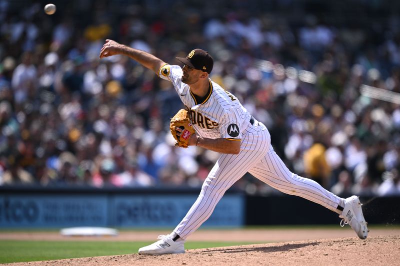 Apr 19, 2023; San Diego, California, USA; San Diego Padres starting pitcher Nick Martinez (21) throws a pitch against the Atlanta Braves during the seventh inning at Petco Park. Mandatory Credit: Orlando Ramirez-USA TODAY Sports