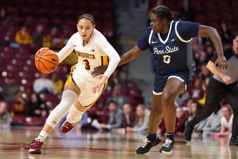 Jan 31, 2024; Minneapolis, Minnesota, USA; Minnesota Golden Gophers guard Amaya Battle (3) works around Penn State Nittany Lions guard Ashley Owusu (0) during the first half at Williams Arena. Mandatory Credit: Matt Krohn-USA TODAY Sports