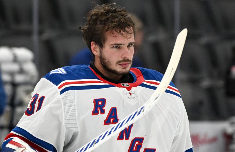 Oct 16, 2025; Toronto, Ontario, CAN; New York Rangers goalie Igor Shesterkin (31) skates during warmup before playing the Toronto Maple Leafs at Scotiabank Arena. Mandatory Credit: Dan Hamilton-Imagn Images